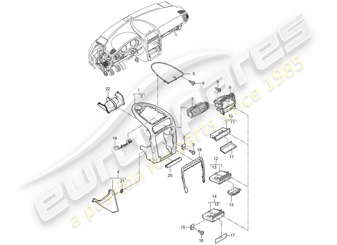 porsche 2008 (cayenne e1 9pa) garniture de panneau de tableau de bord schéma des pièces