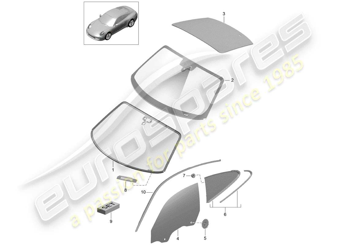 porsche 2012 (991-1) vitrage des fenêtres schéma des pièces