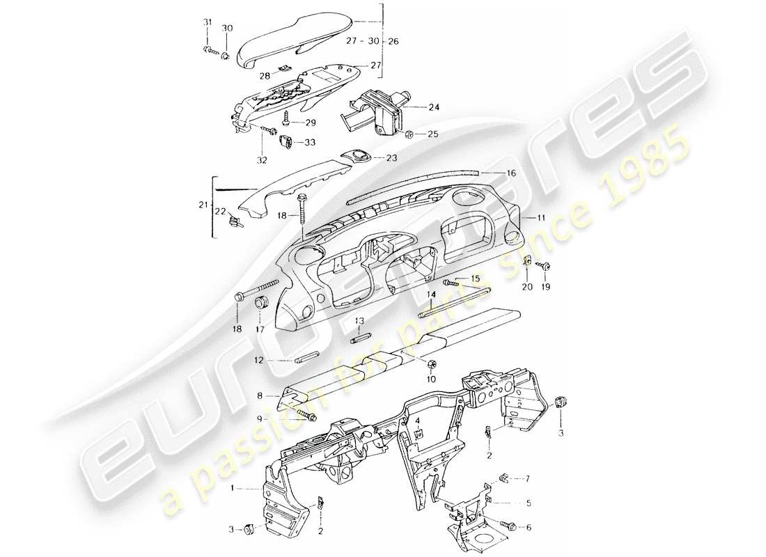porsche 1998 (986 boxster) garniture de tableau de bord - avec : - cadre de retenue