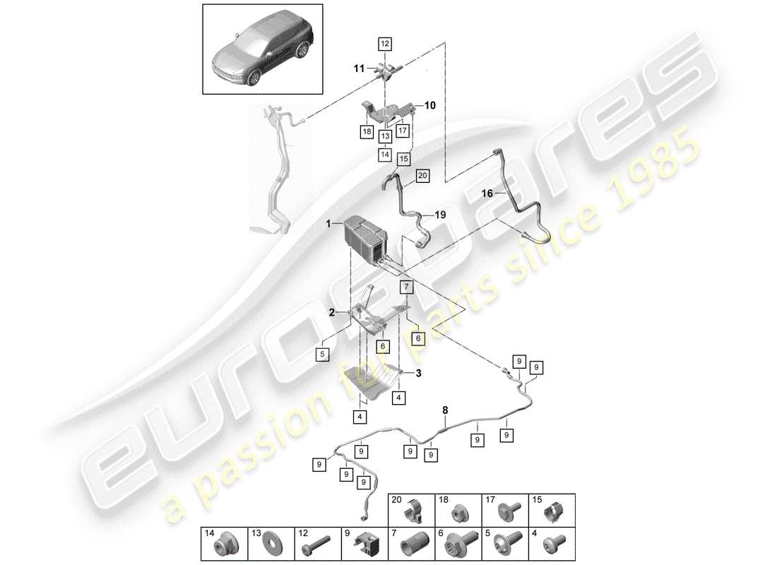 porsche 2018 (cayenne e3 9ya/9yb) cartouche d'émission par évaporation schéma des pièces