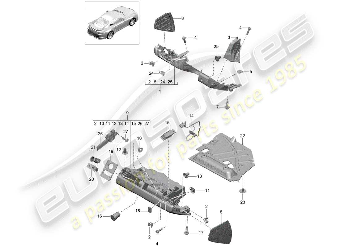 porsche 2019 (991-2 r/gt3/rs) boite à gants schéma des pièces