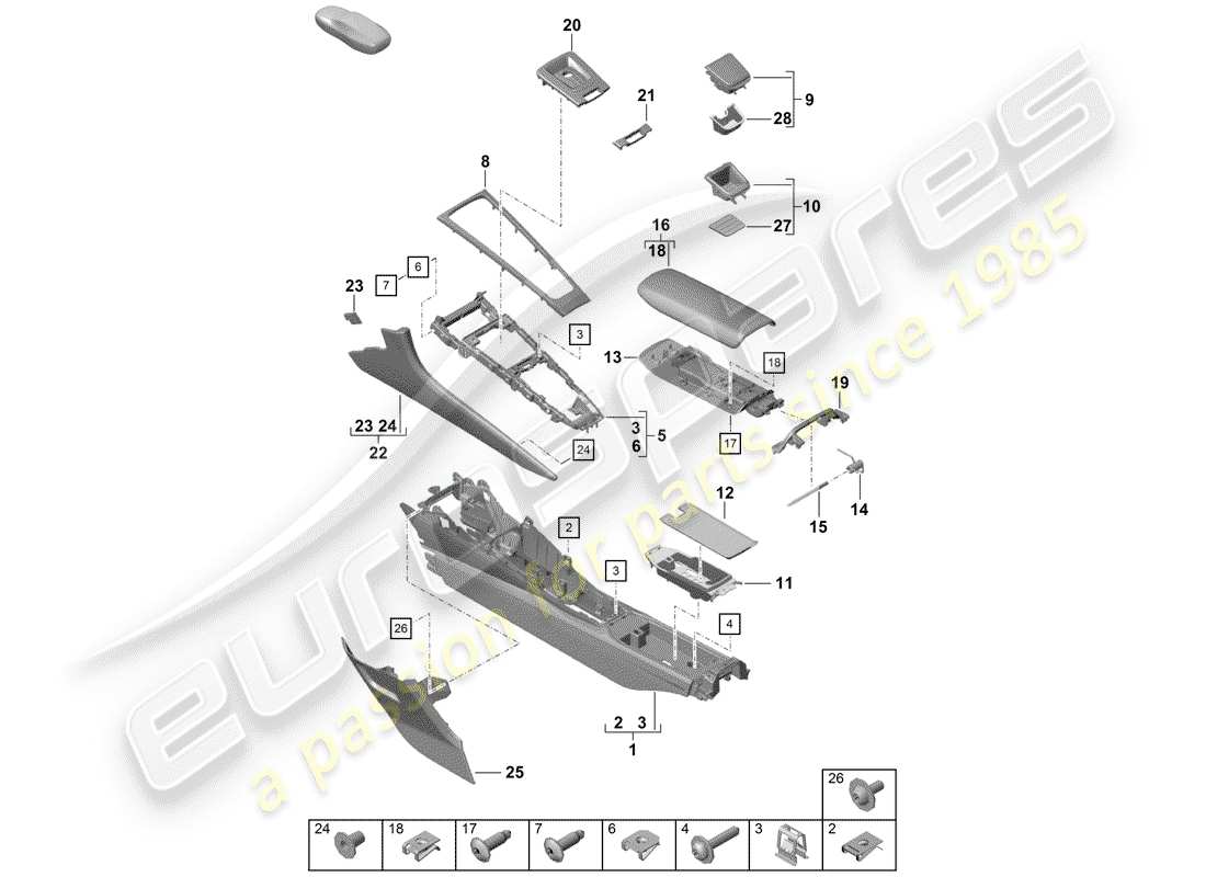 porsche 2020 (718 boxster spyder) console centrale schéma des pièces
