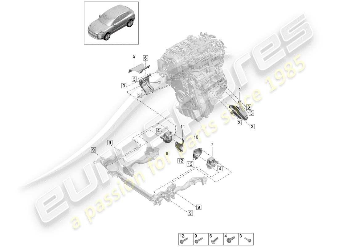 porsche 2019 (macan) attaque de levage du moteur schéma des pièces