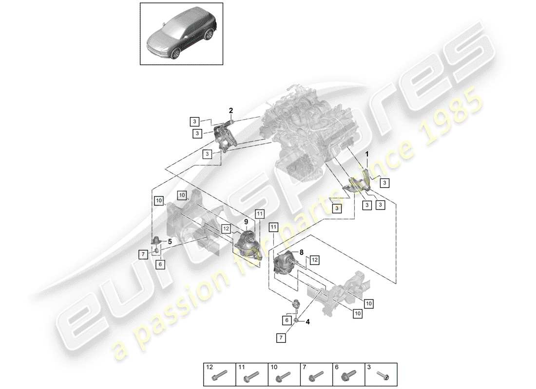 porsche 2019 (cayenne e3 9ya/9yb) attaque de levage du moteur schéma des pièces