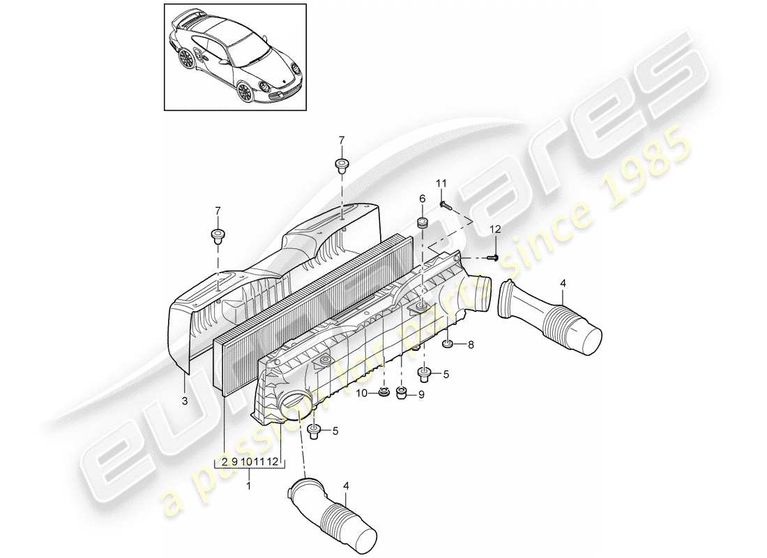 porsche 2012 (997-2 turbo / gt2 rs) schéma des pièces du filtre à air