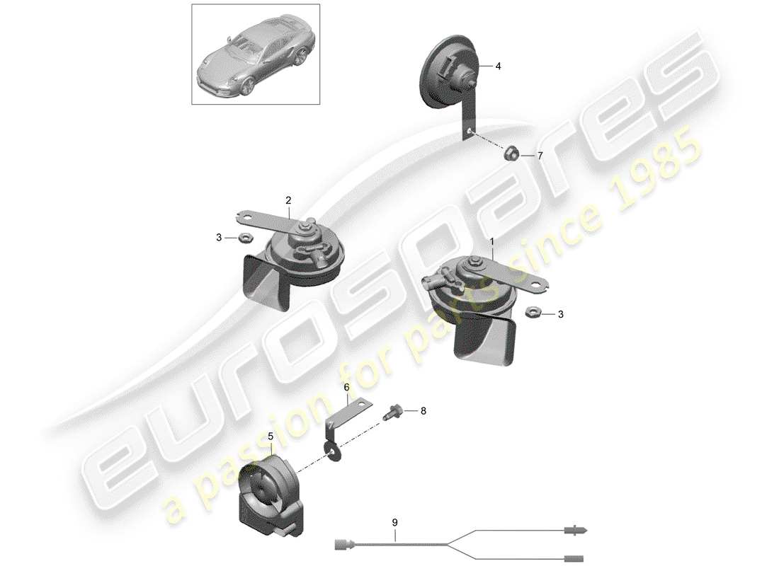 porsche 991 turbo (2020) diagramme des pièces du klaxon de fanfare