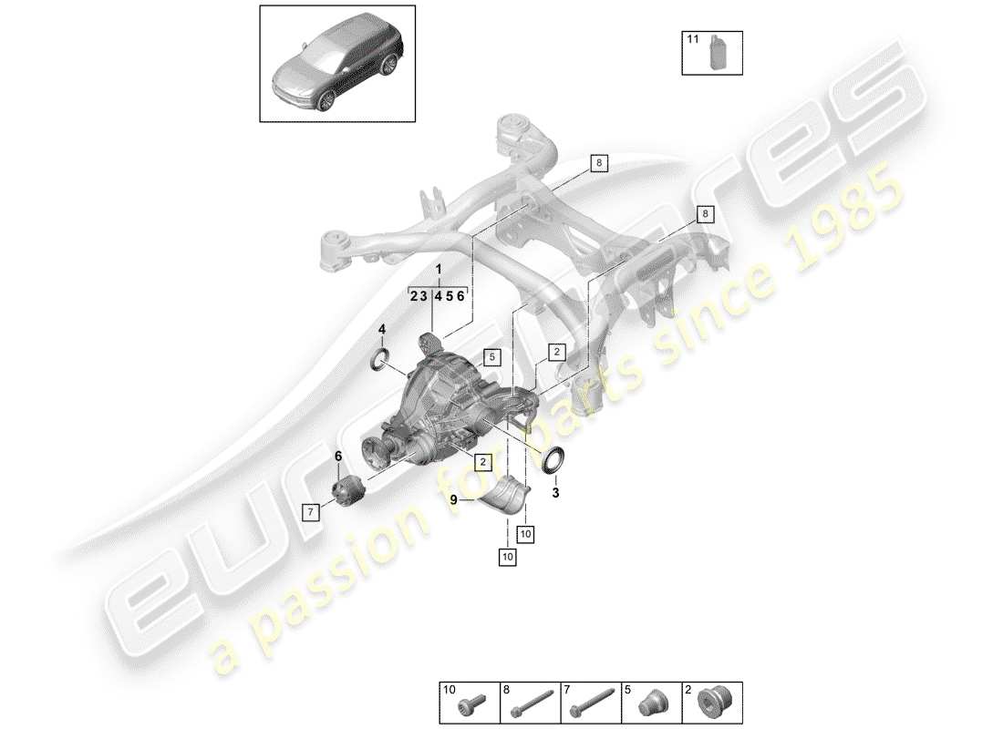 porsche 2019 (cayenne e3 9ya/9yb) différentiel d'essieu arrière schéma des pièces
