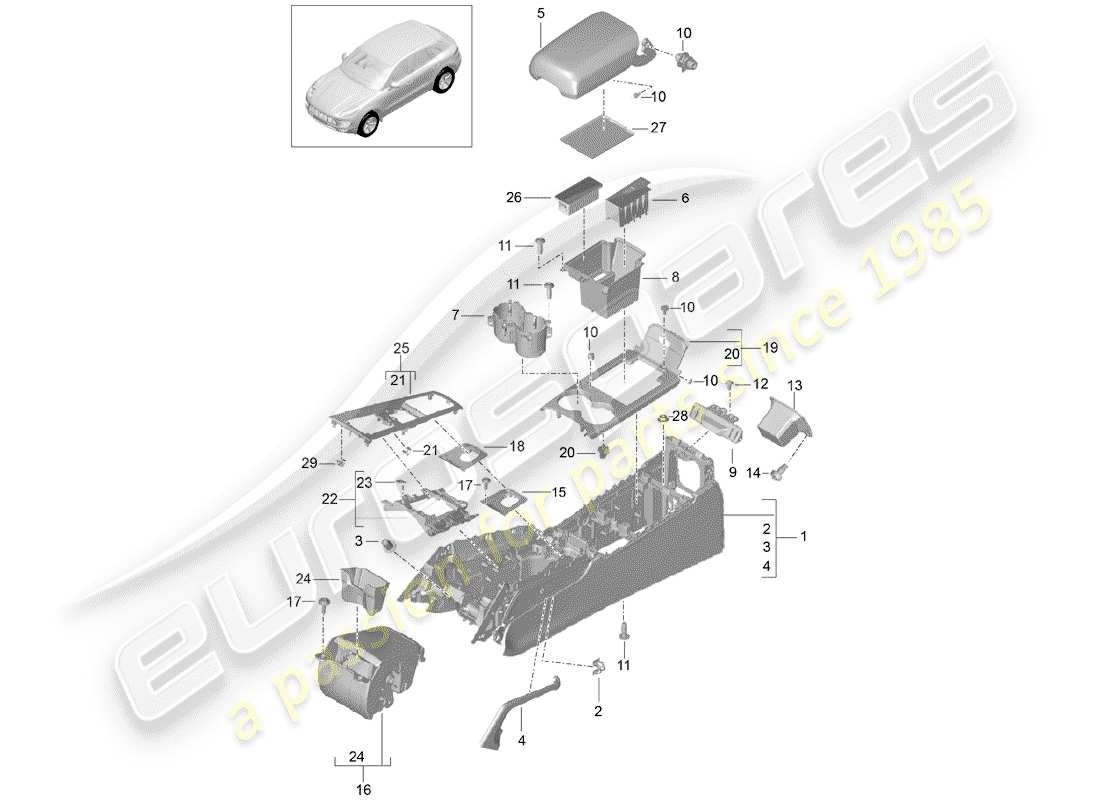 porsche 2015 (macan) console centrale schéma des pièces