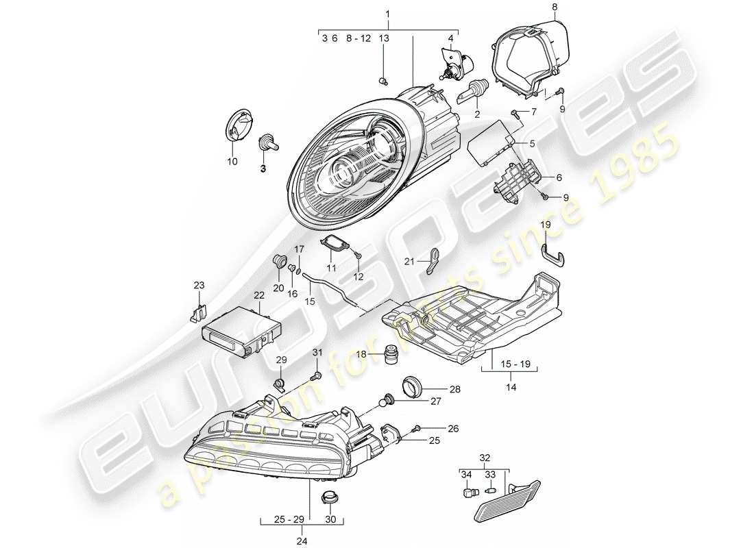 porsche 2008 (997-1 gt3) schéma des pièces des phares