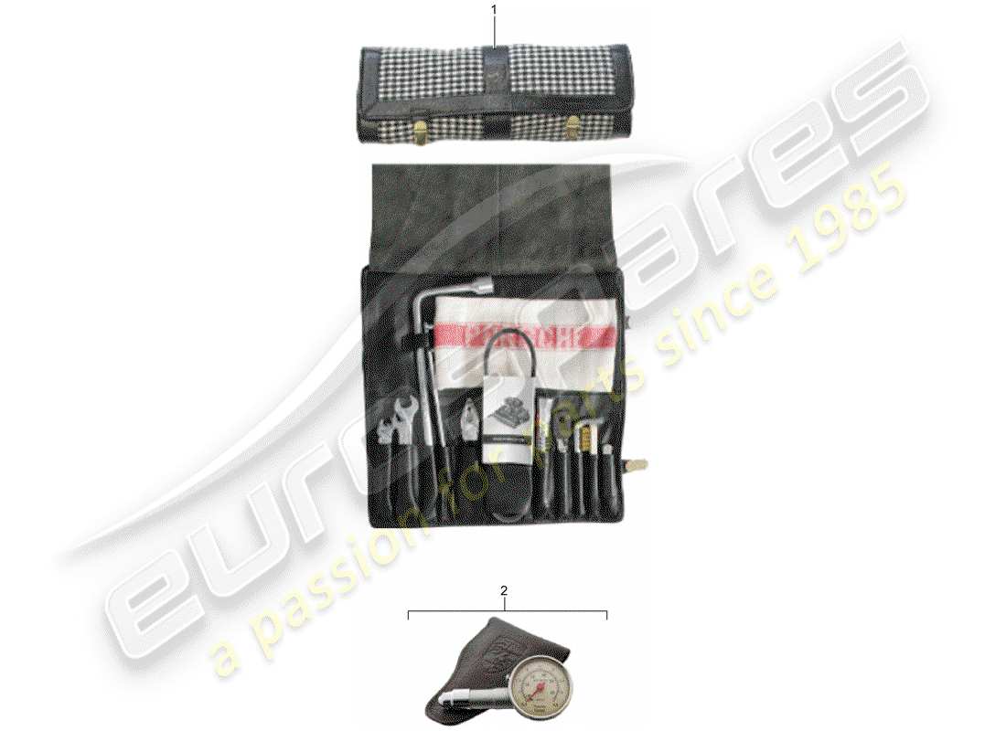 porsche 1973 (911) outil - jack - boite avec ampoules - trousse de premiers secours schéma des pièces