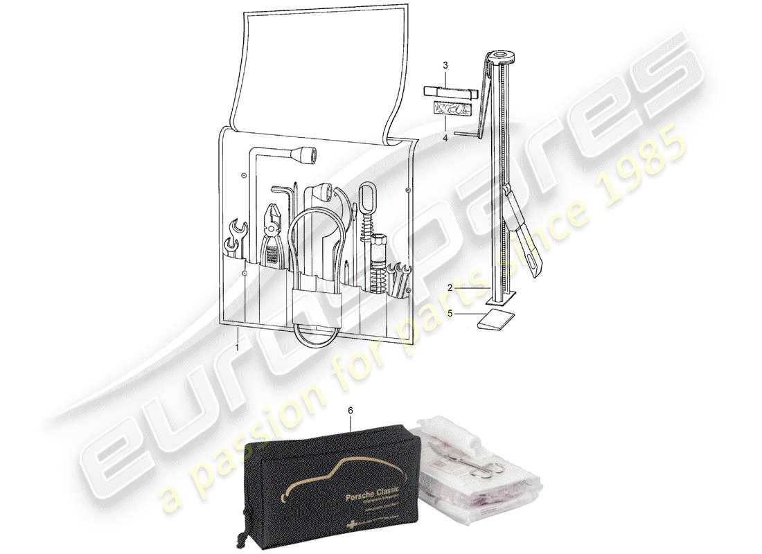 porsche 1974 (911) outil - jack - trousse de premiers secours schéma des pièces