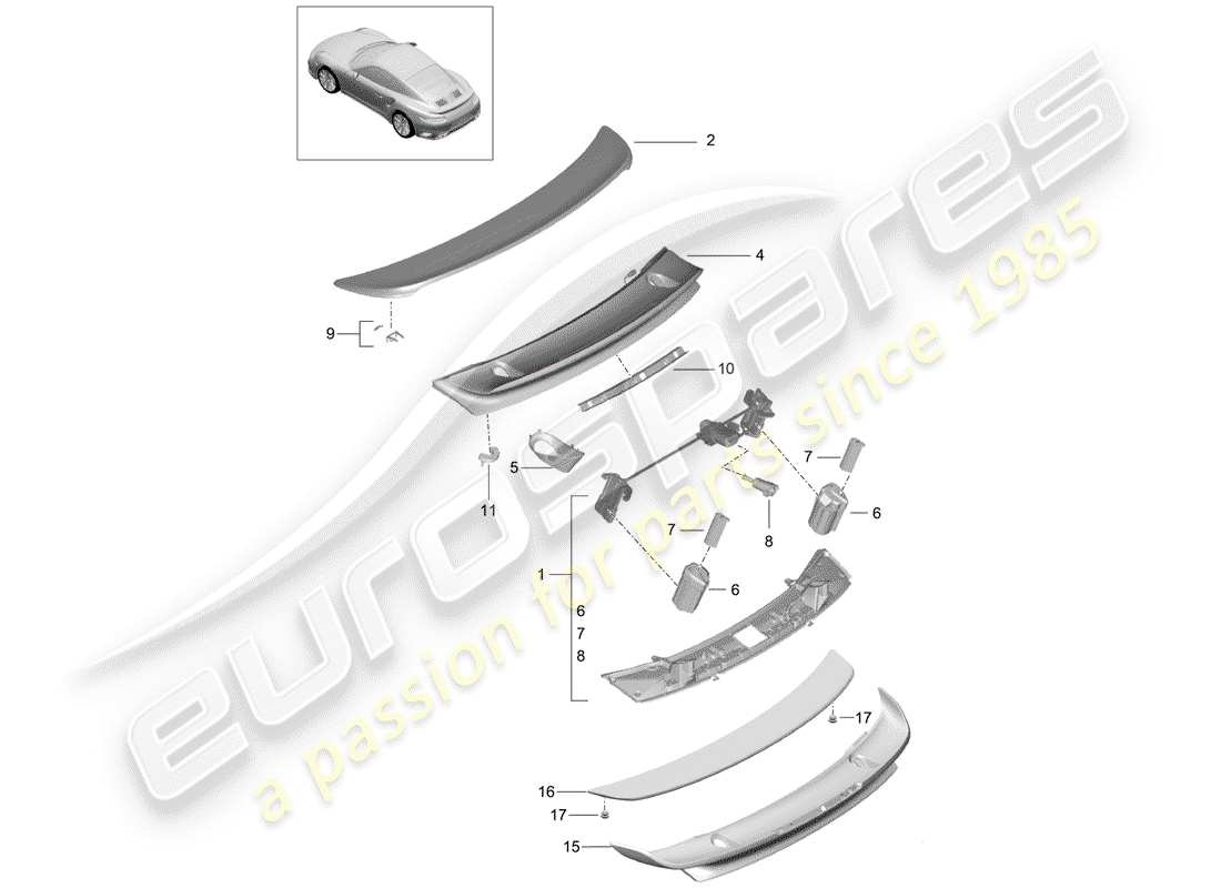 porsche 991 turbo (2017) aileron arrière schéma des pièces