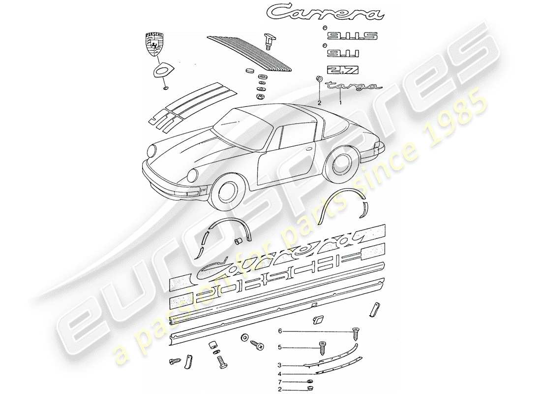 porsche 1974 (911) équipements décoratifs schéma des pièces