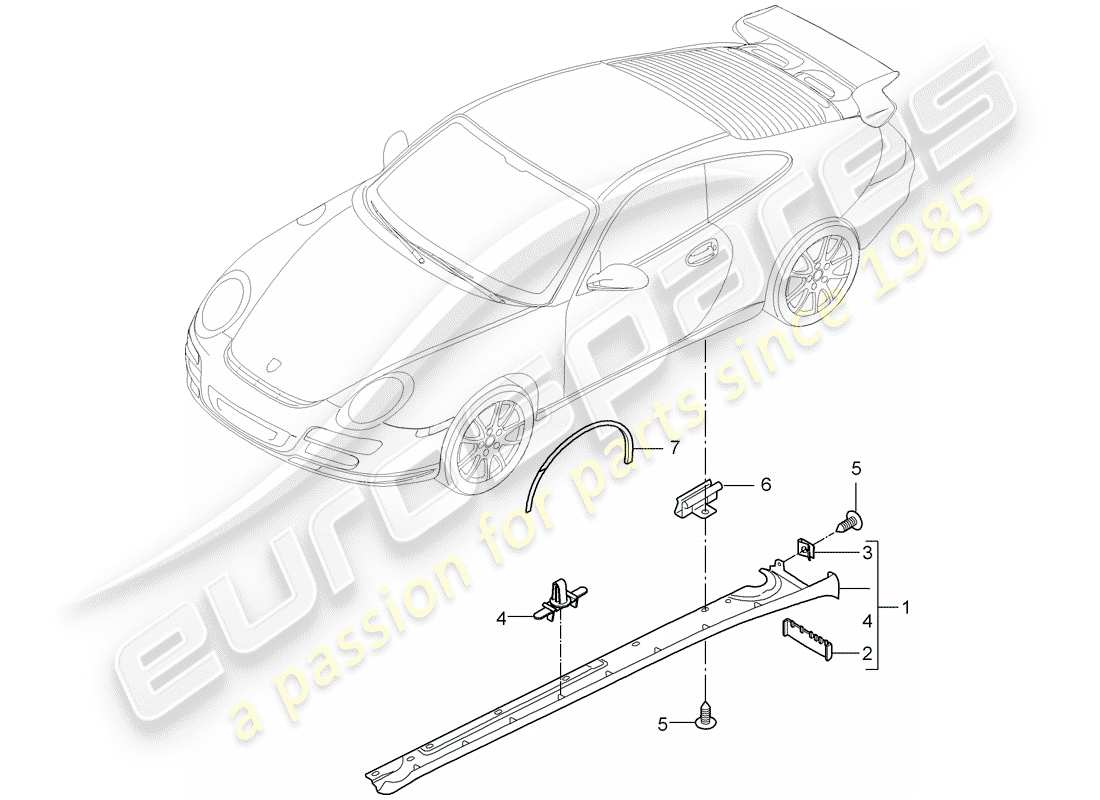 porsche 2008 (997-1 gt3) garniture de membre latéral schéma des pièces
