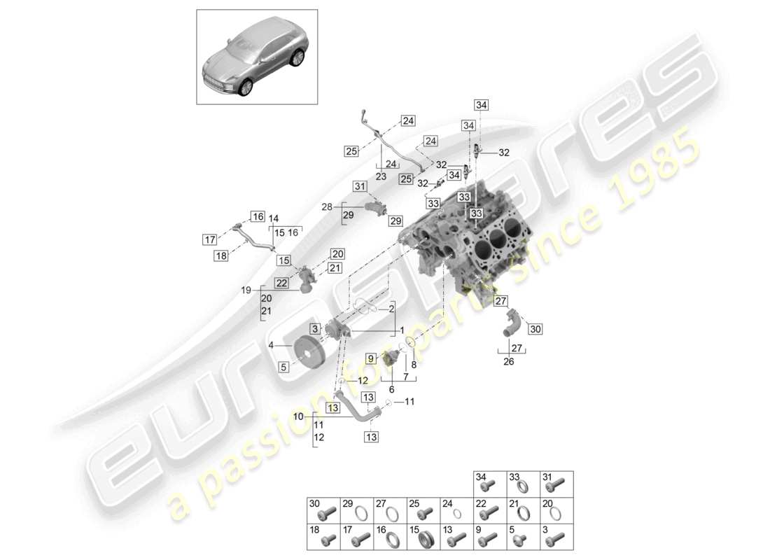 porsche 2020 (macan) boîtier de thermostat de pompe à liquide de refroidissement tuyau de liquide de refroidissement conduite de reniflard schéma des pièces