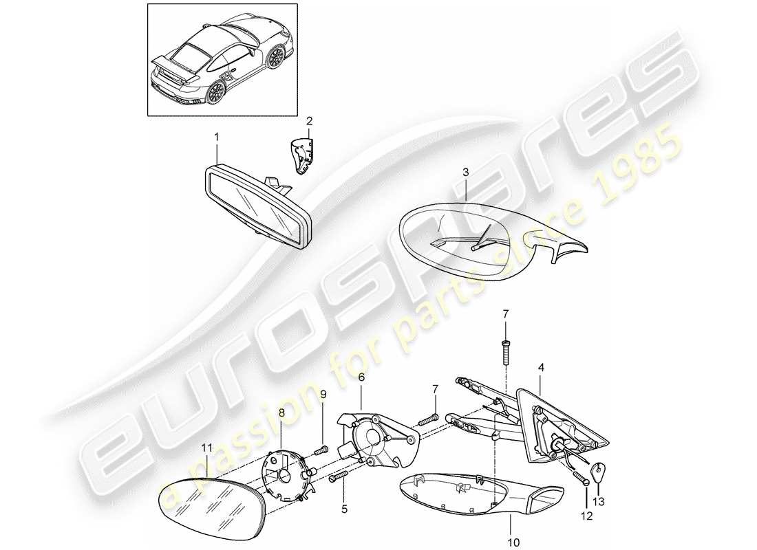 porsche 2008 (997-1 gt3) schéma des pièces du rétroviseur intérieur