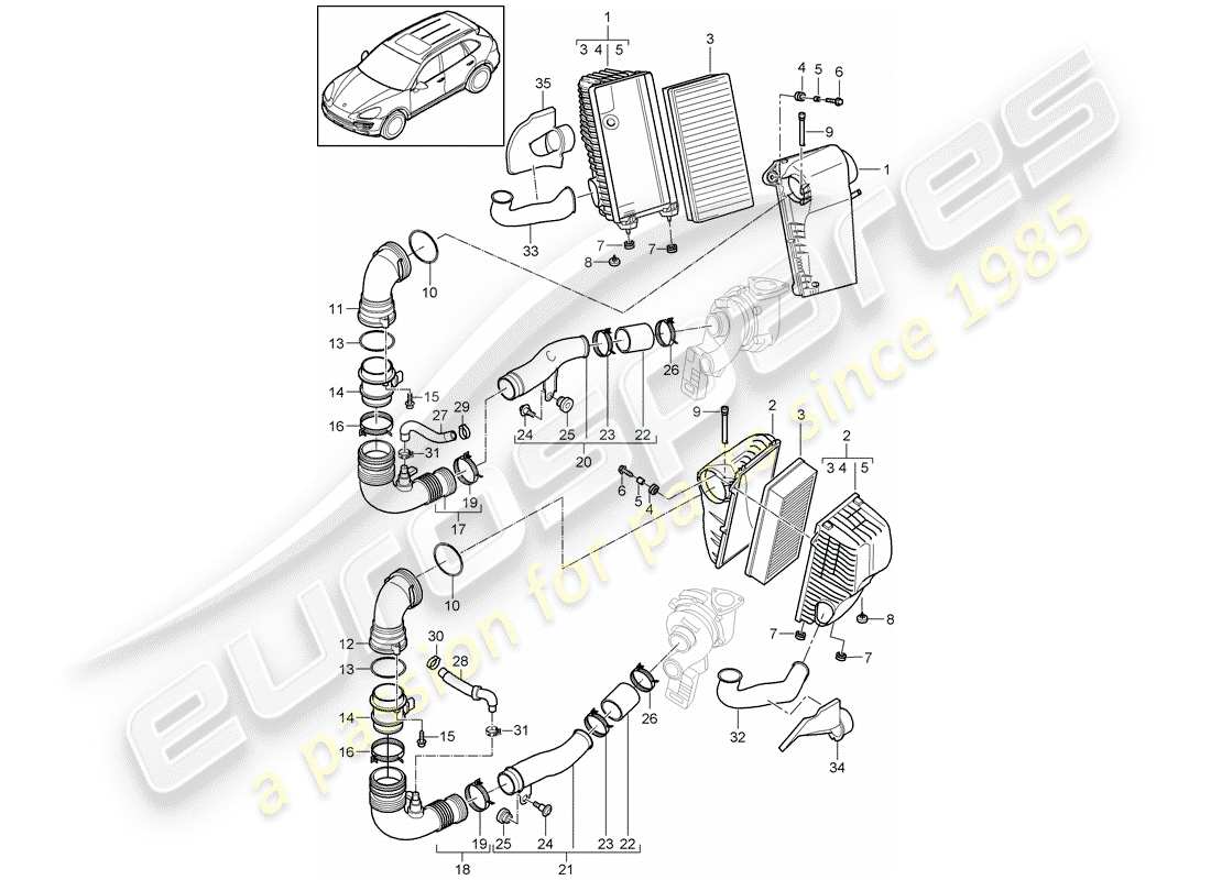 porsche 2014 (cayenne e2 92a) filtre à air avec connexion schéma des pièces