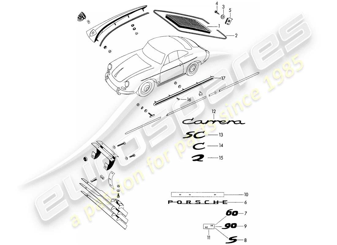 porsche 1961 (356b/356c) accessoires décoratifs - - pièces non répertoriées - voir groupe - 8/10/00 schéma des pièces