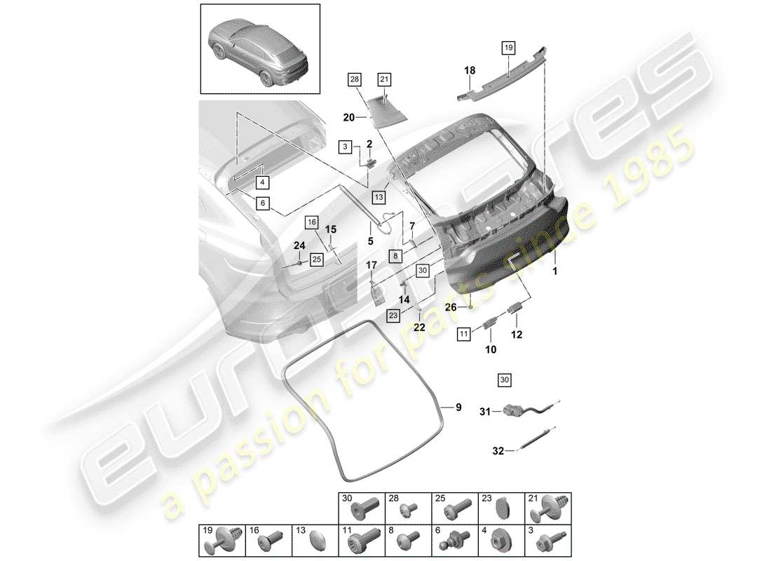 porsche 2020 (cayenne e3 9ya/9yb) couvercle de coffre arrière schéma des pièces