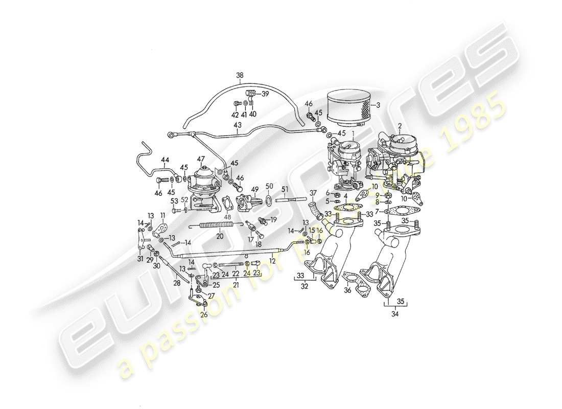 porsche 1950 (356/356a) carburateur - solex 32pbj - solex 40pjcb - et - conduite d'alimentation en carburant schéma des pièces