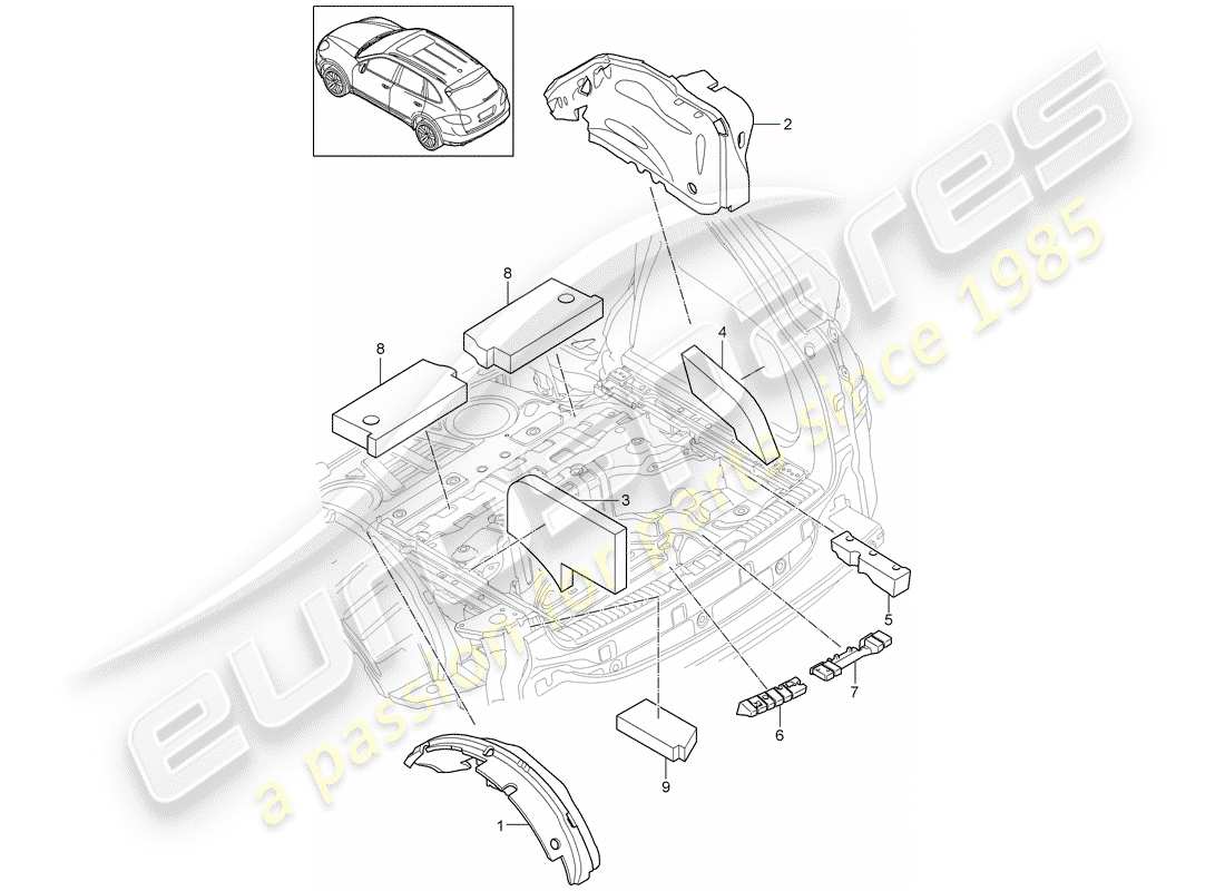 porsche 2011 (cayenne e2 92a) schéma des pièces de l'absorpteur sonore