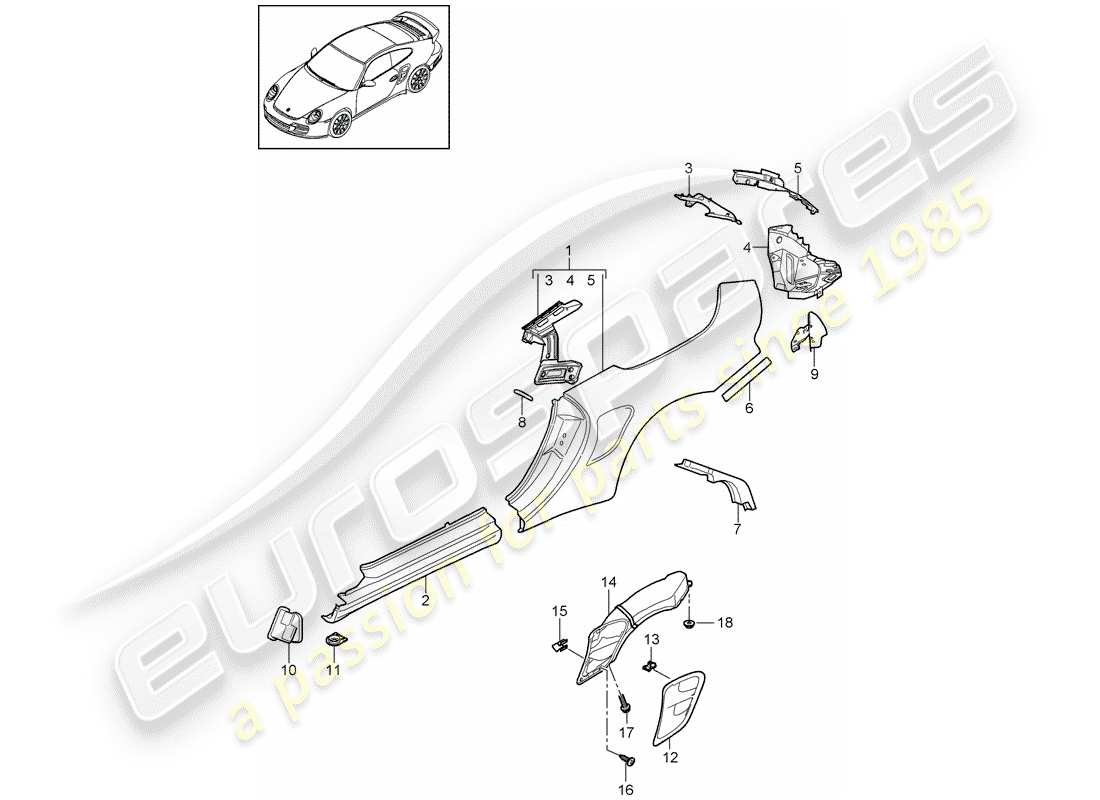 porsche 2012 (997-2 turbo / gt2 rs) panneau latéral schéma des pièces