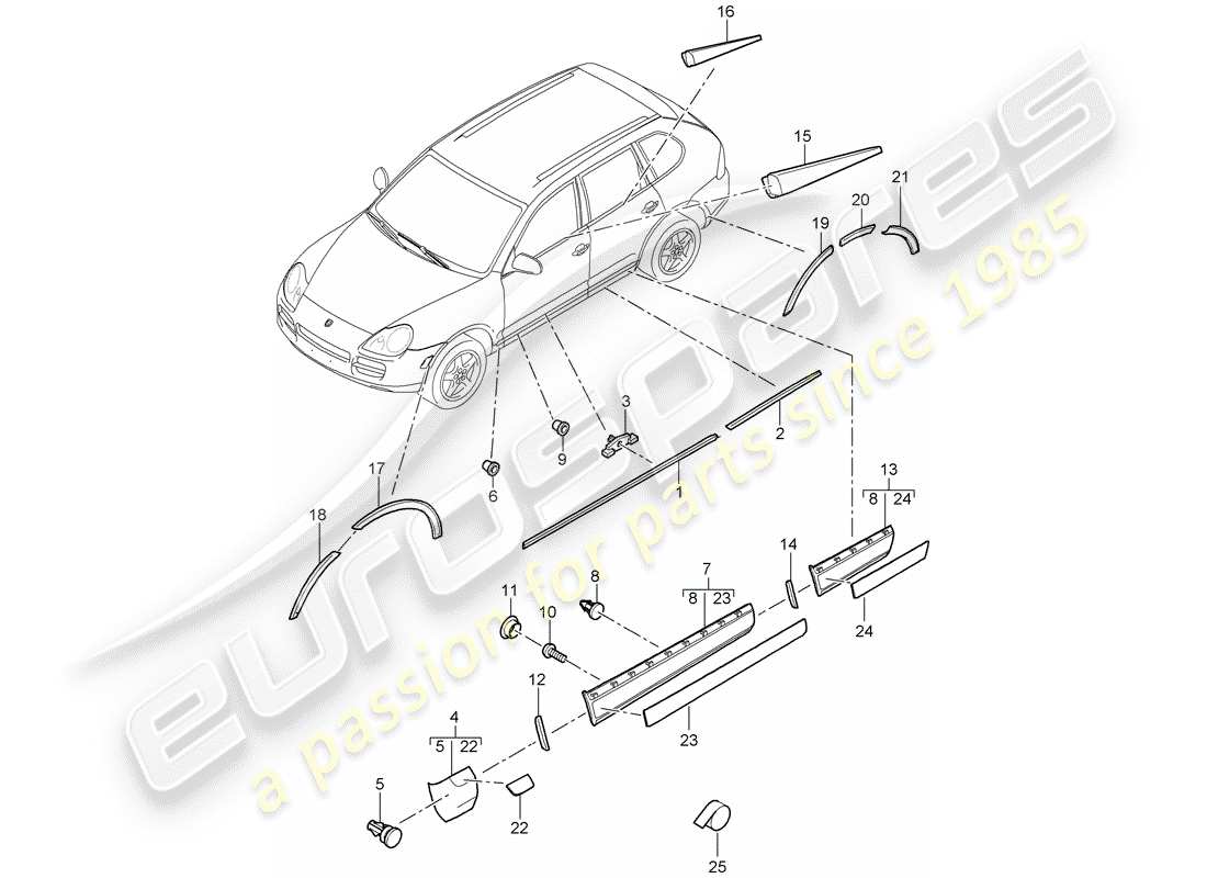 porsche 2003 (cayenne e1 9pa) diagramme des pièces de moulures