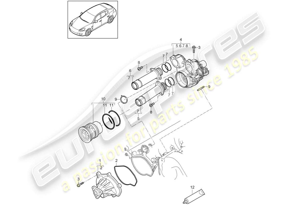 porsche 2010 (cayenne e1 9pa) boîtier de thermostat de pompe à liquide de refroidissement schéma des pièces