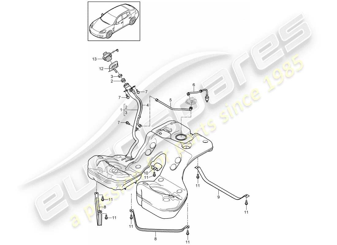 porsche 2011 (panamera 970) réservoir de carburant avec schéma des pièces