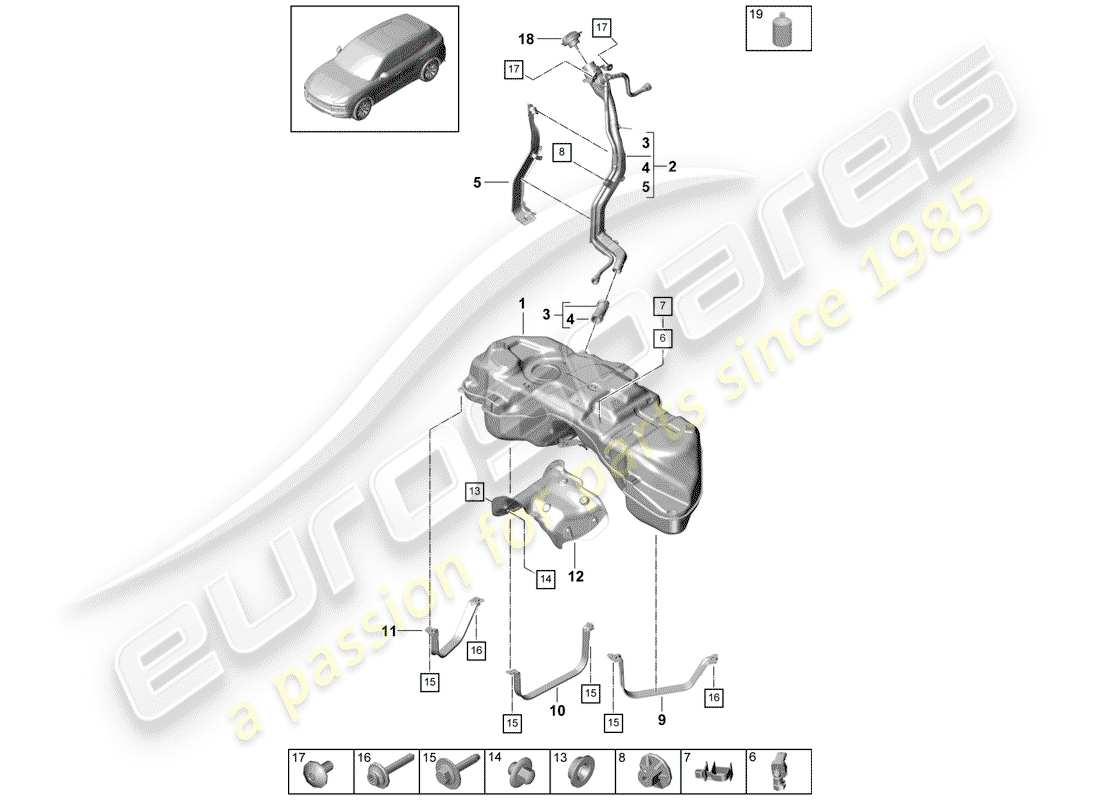 porsche 2019 (cayenne e3 9ya/9yb) réservoir de carburant avec schéma des pièces