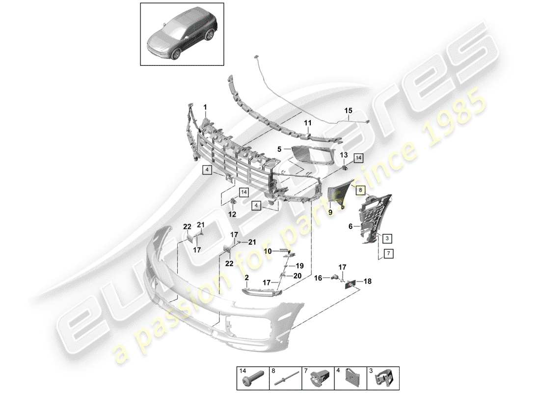 porsche 2020 (cayenne e3 9ya/9yb) schéma des pièces du pare-choc