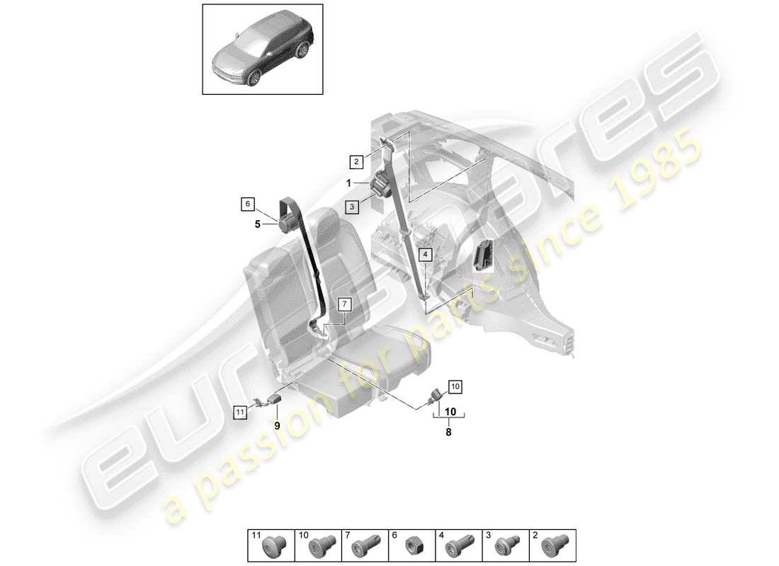 porsche 2020 (cayenne e3 9ya/9yb) ceinture de sécurité à trois points schéma des pièces