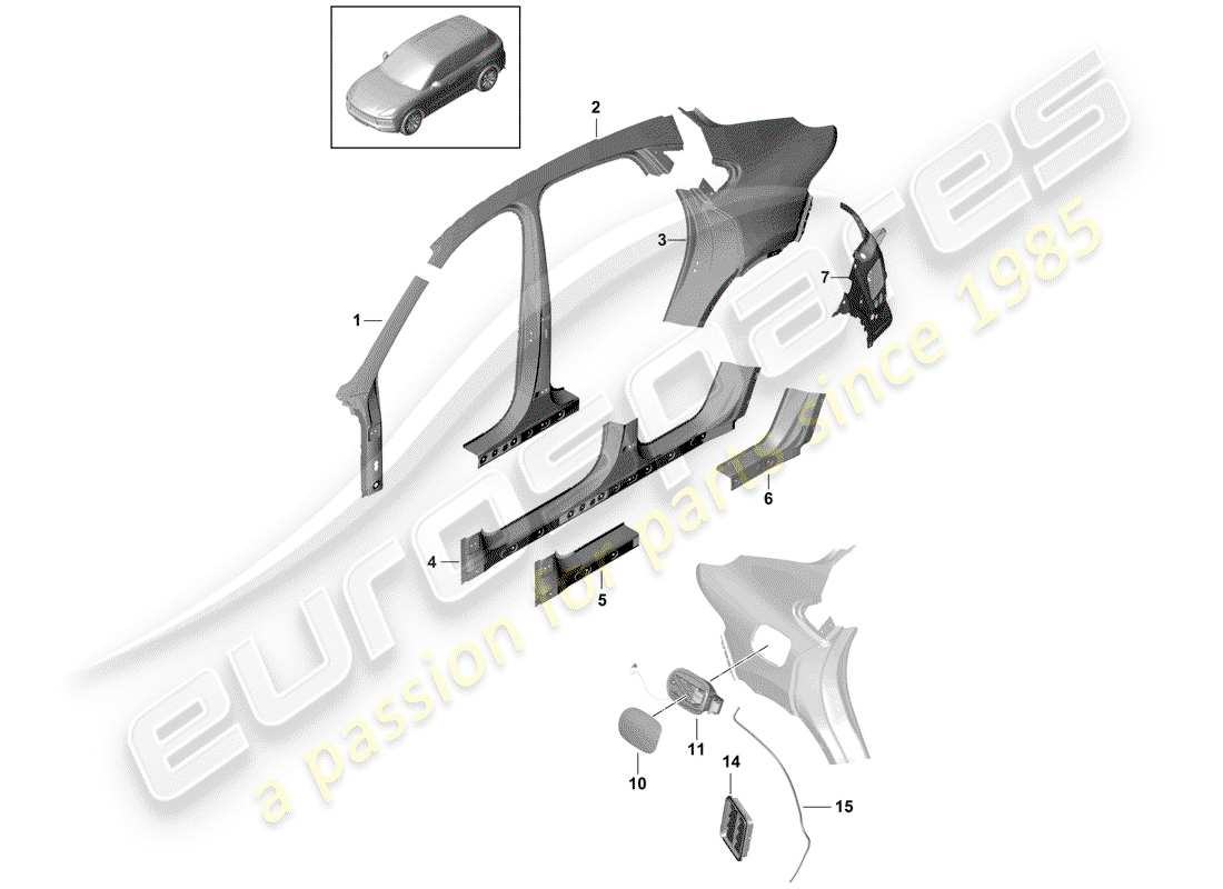 porsche 2019 (cayenne e3 9ya/9yb) panneau latéral schéma des pièces