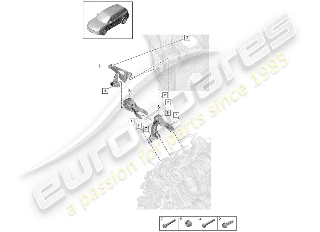 porsche 2020 (cayenne e3 9ya/9yb) matériel de levage de moteur schéma des pièces