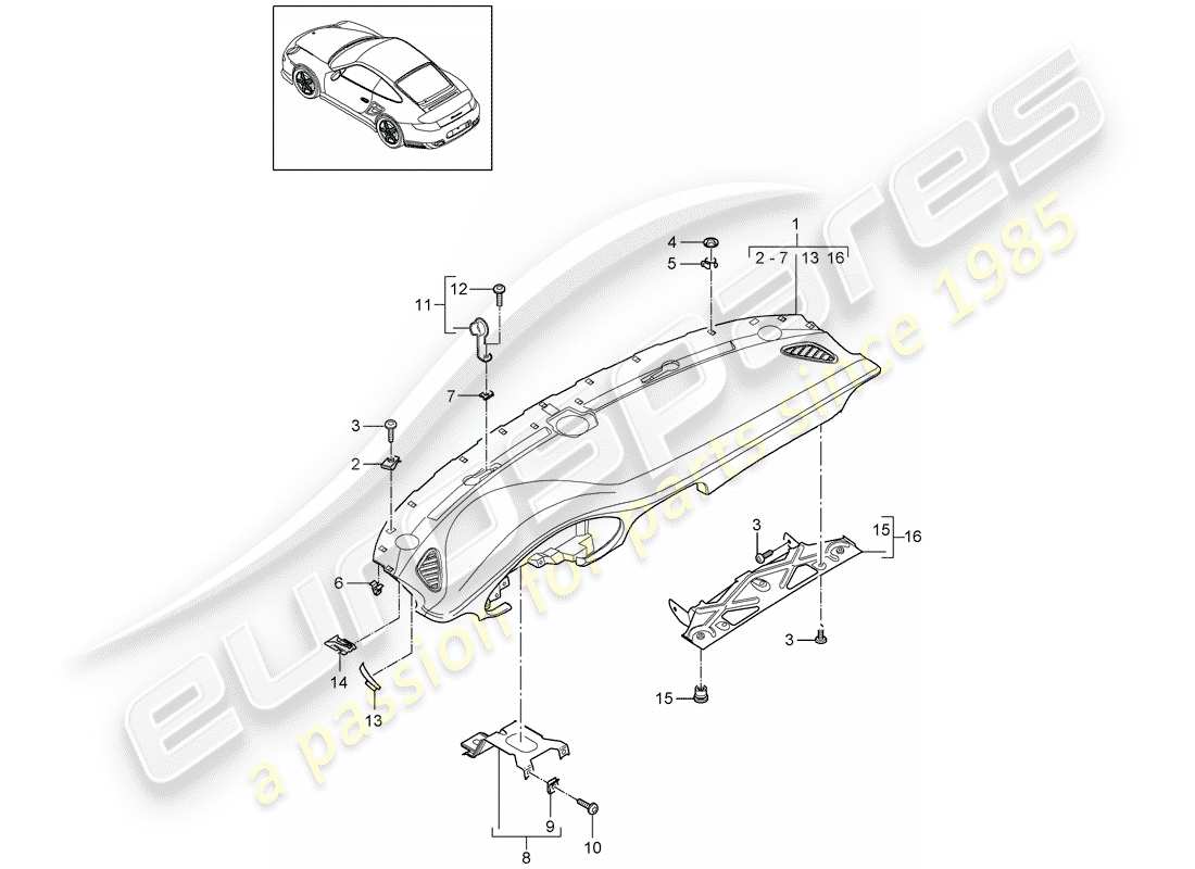 porsche 2011 (997-2 turbo / gt2 rs) garniture de panneau de tableau de bord schéma des pièces