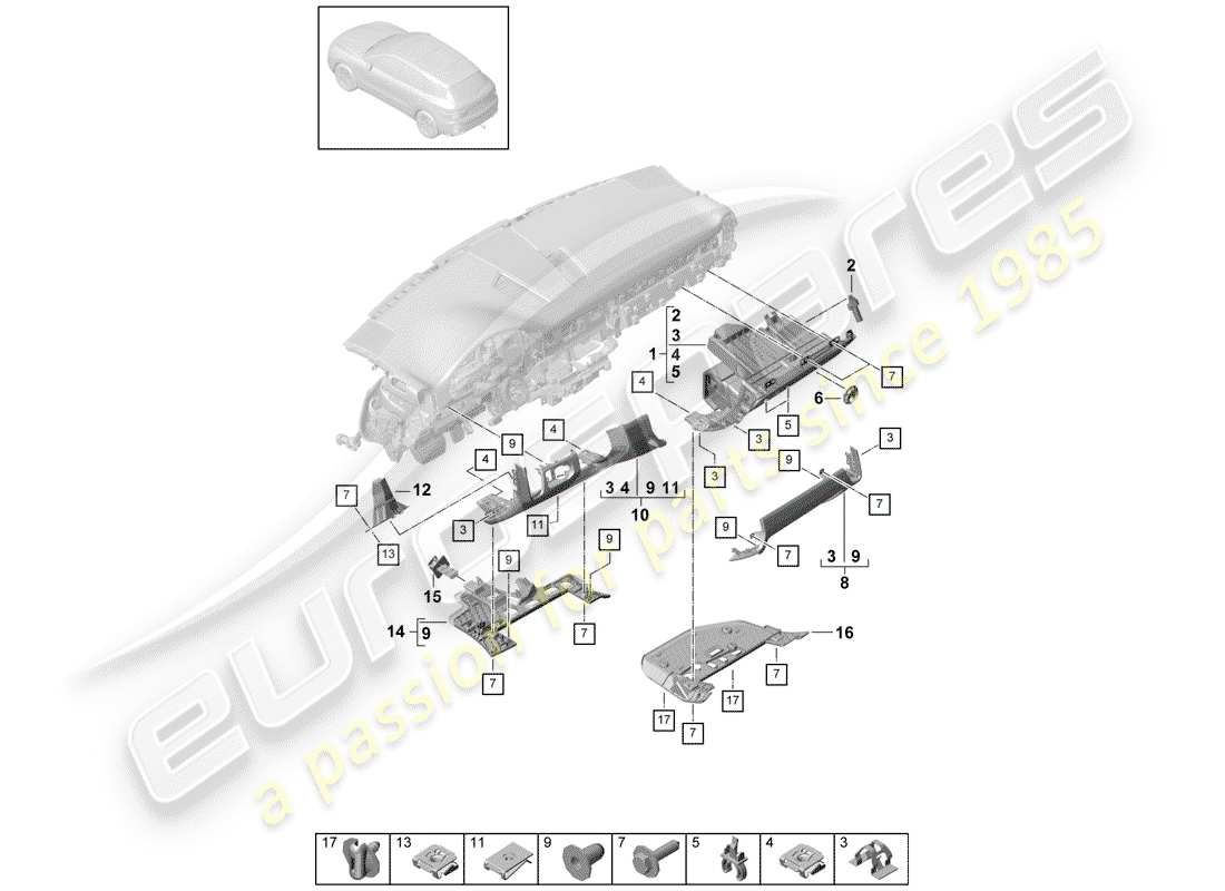 porsche 2019 (cayenne e3 9ya/9yb) garniture de panneau de tableau de bord schéma des pièces