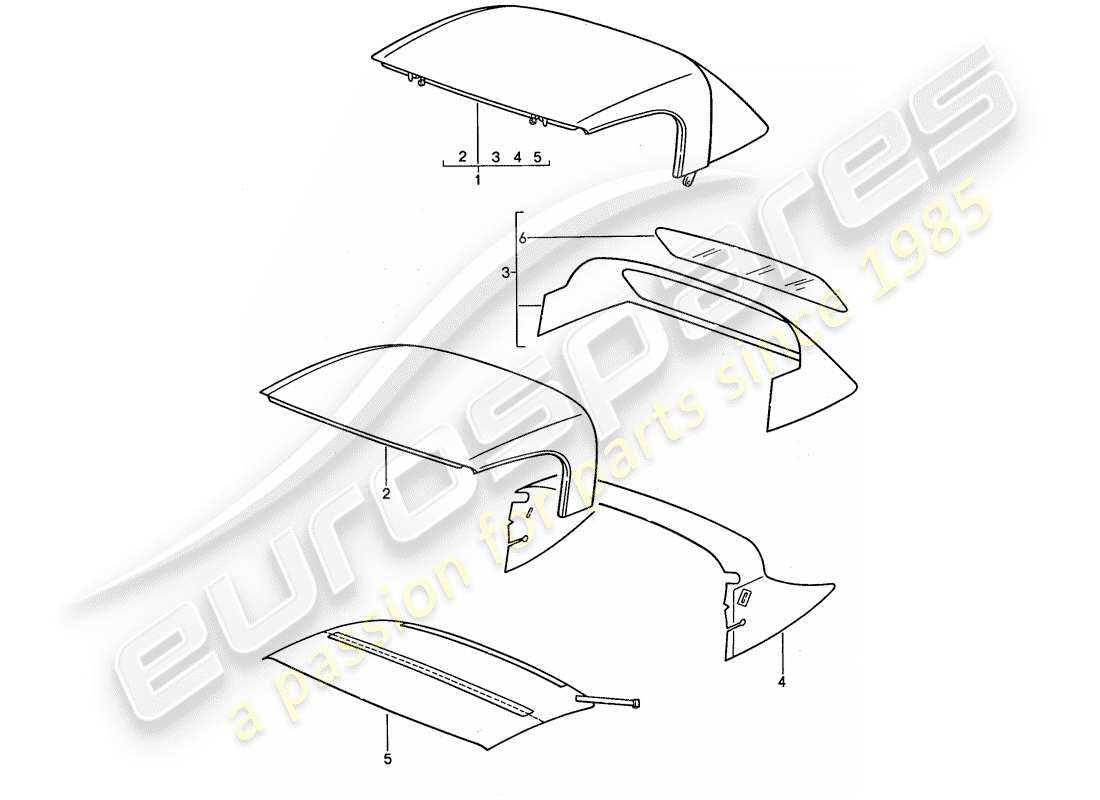 porsche 1990 (944) capot convertible - revêtement de capot convertible schéma des pièces