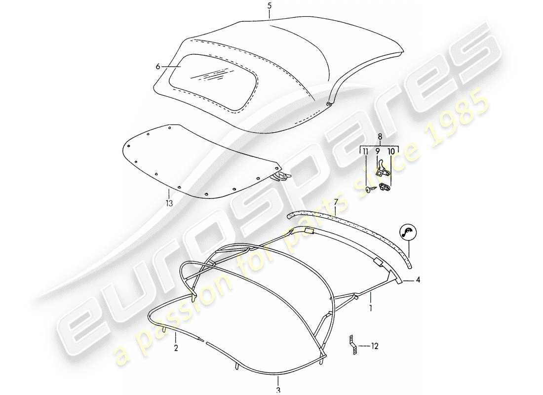 porsche 1954 (356/356a) capot convertible - revêtement de capot convertible schéma des pièces