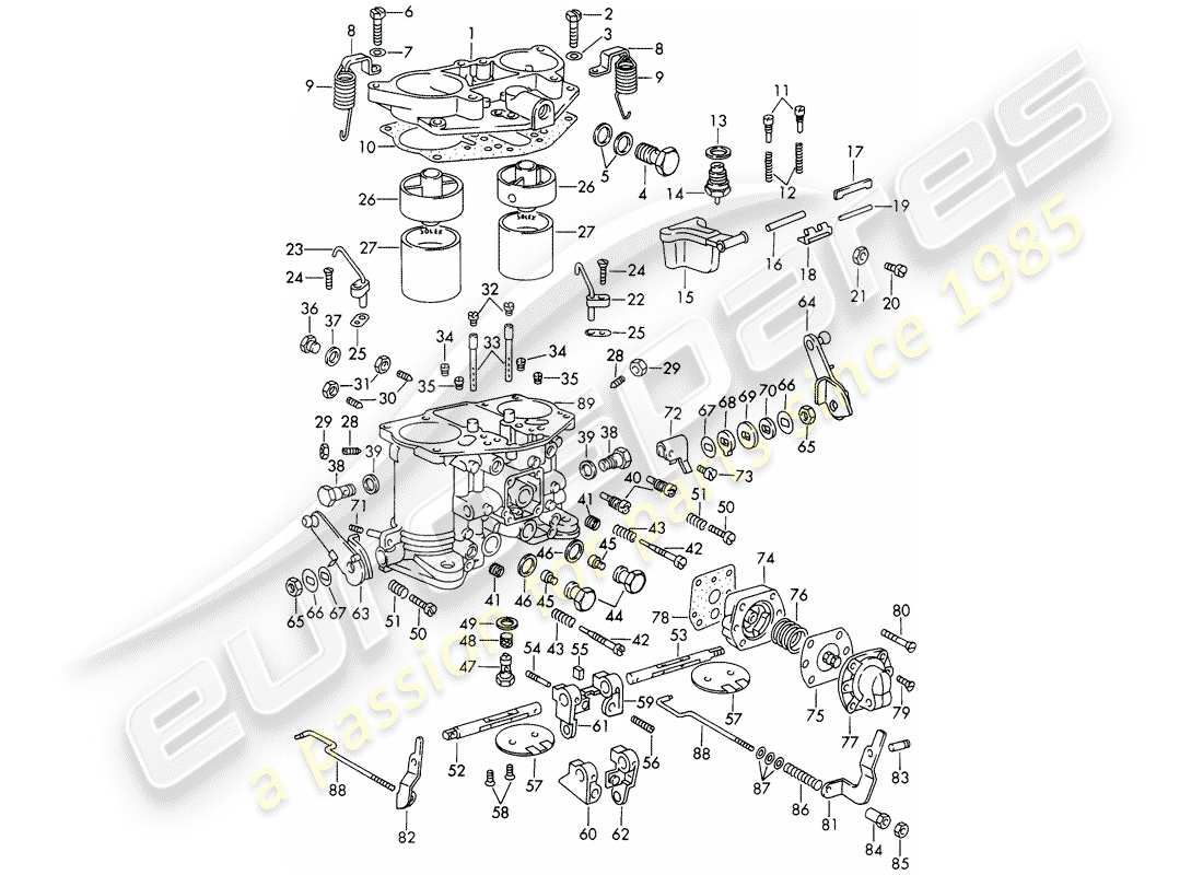 porsche 1965 (911/912) pièces individuelles - pour - carburateur - solex-40 pii-4 - avec : - arbre d'accélérateur - divisé schéma des pièces