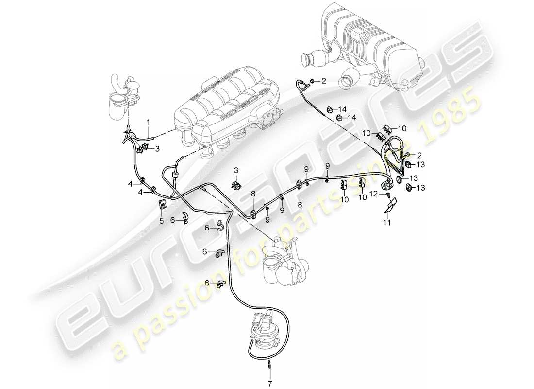 porsche 2005 (carrera gt) conduite de vide - distributeur d'air d'admission - réservoir à vide - injection d'air - boîtier de commande - silencieux d'échappement, arrière schéma des pièces