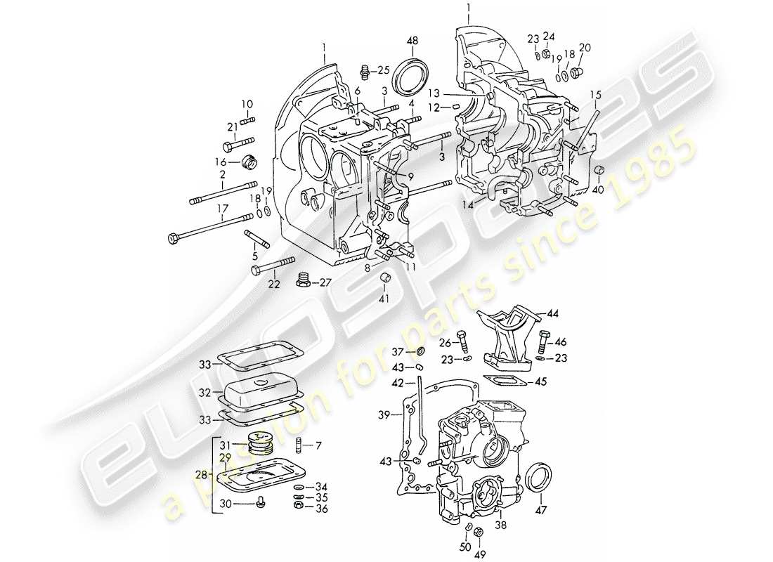 porsche 1965 (911/912) carter moteur - kit de réparation pour entretien - jeu de joints - voir illustration : vue eclatée