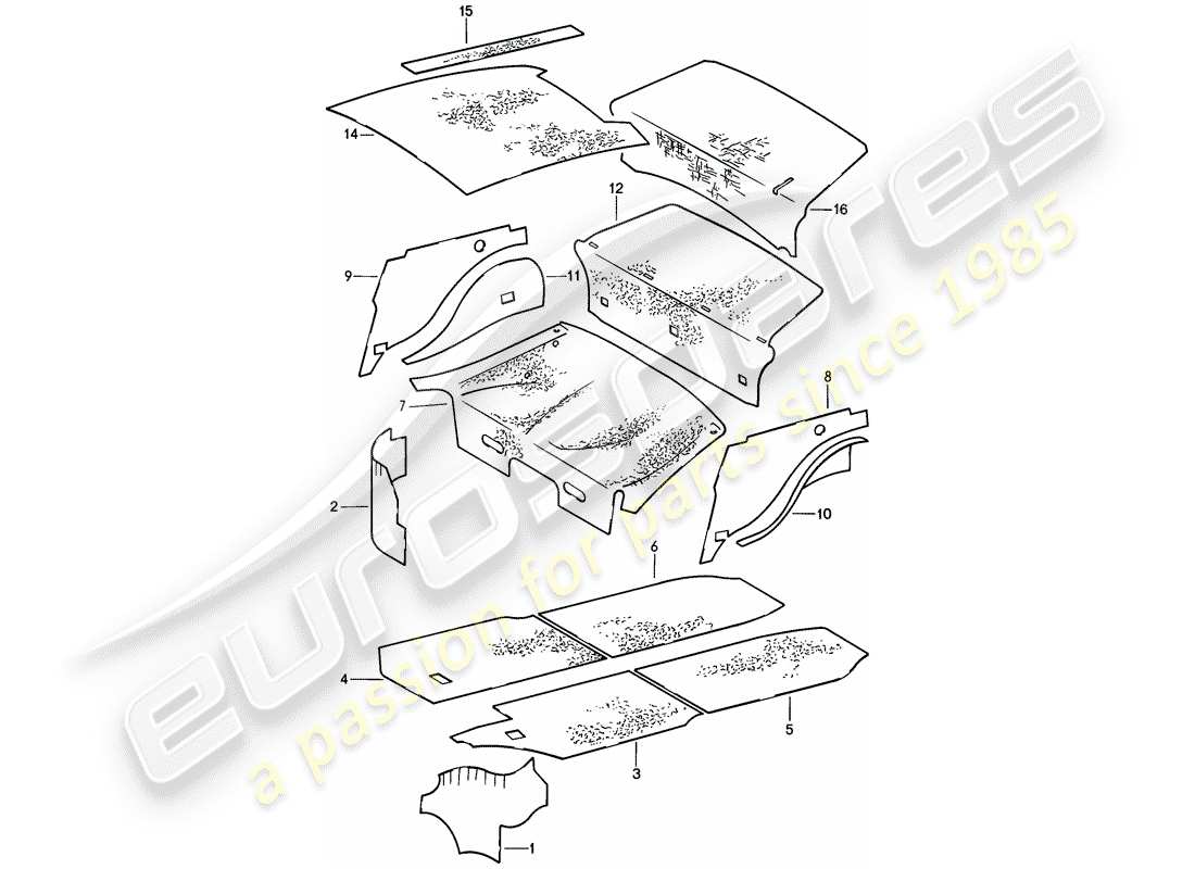 porsche 1989 (911) coque - absorbeurs acoustiques schéma des pièces