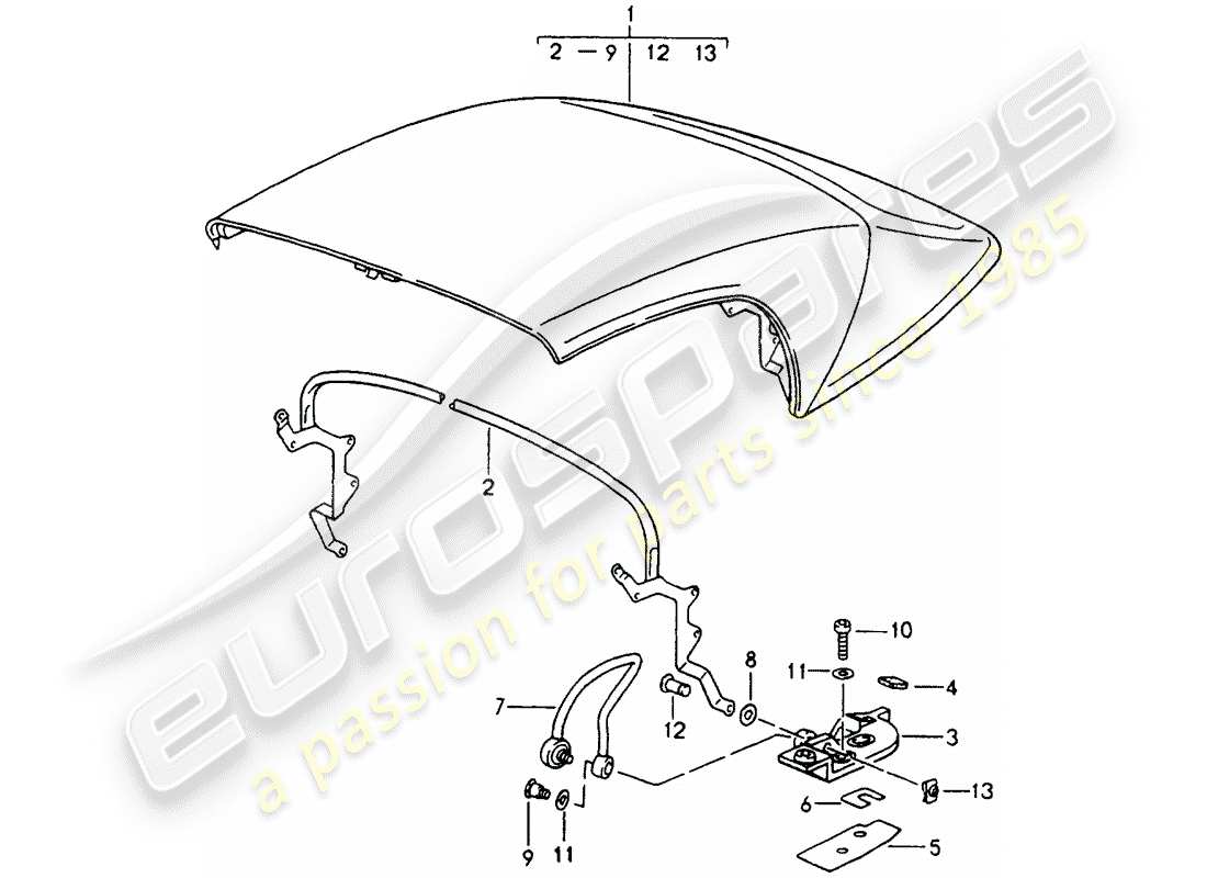 porsche 1990 (964) dessus pliant - complet - arc principal - pièces uniques schéma des pièces