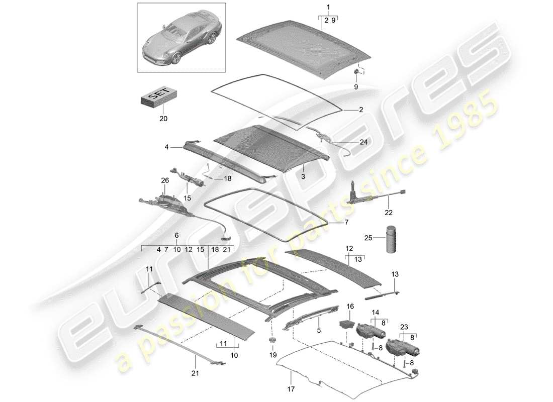 porsche 2014 (991-1 turbo) schéma des pièces du toit en verre
