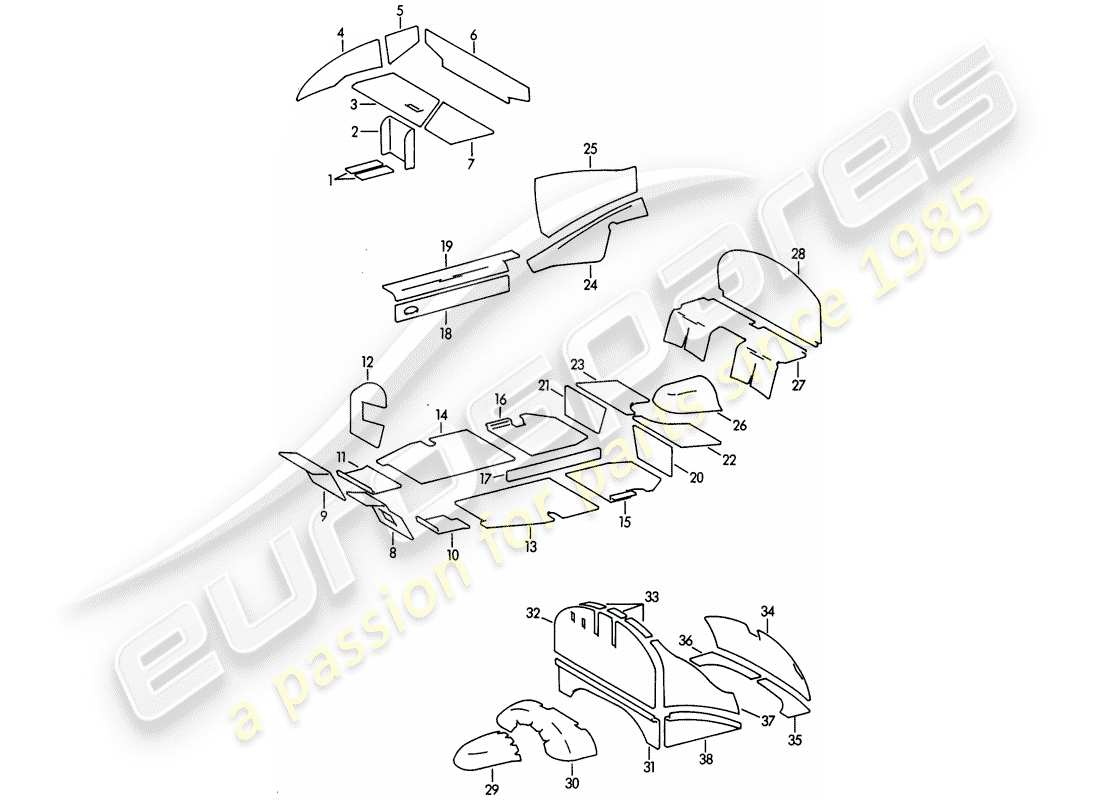porsche 1965 (356b/356c) carrosserie - tapis amortisseur schéma des pièces