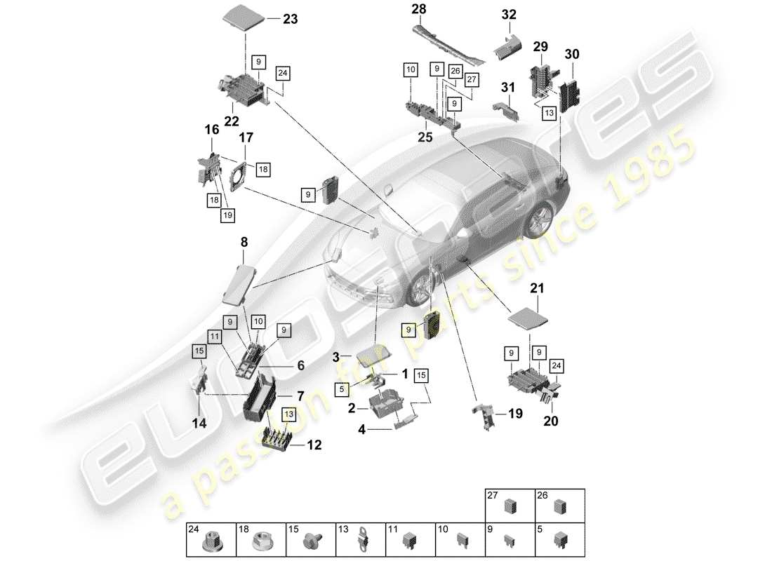 porsche 2019 (panamera 971-1) boîte à fusibles/plaque relais schéma des pièces