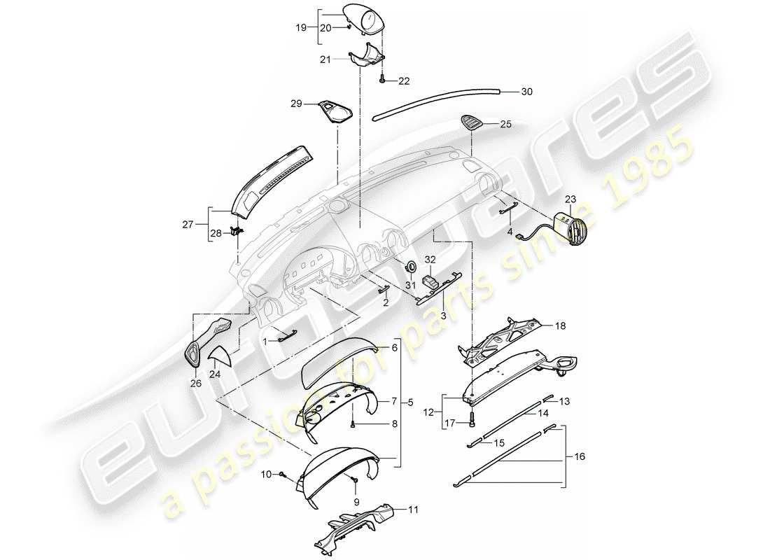 porsche 2005 (987 boxster) garniture de panneau de tableau de bord schéma des pièces