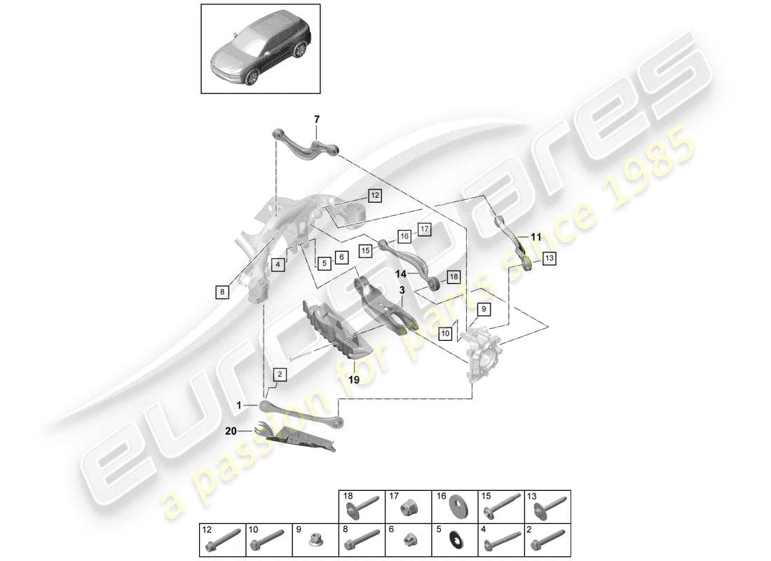 porsche 2019 (cayenne e3 9ya/9yb) bras de commande de voie schéma des pièces