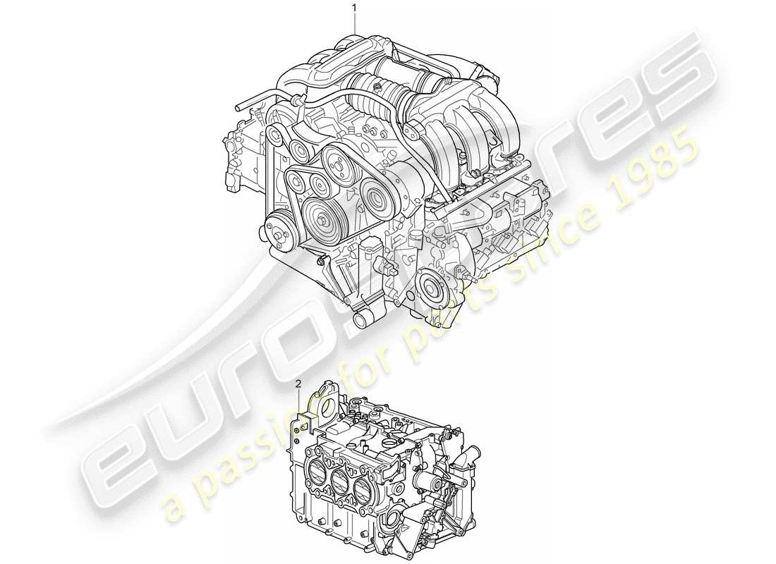 porsche 2000 (986 boxster) moteur de remplacement - sans : - disque d'entraînement - tiptronic - sans : - volant moteur - boite de vitesses manuelle - sans : - compresseur schéma des pièces