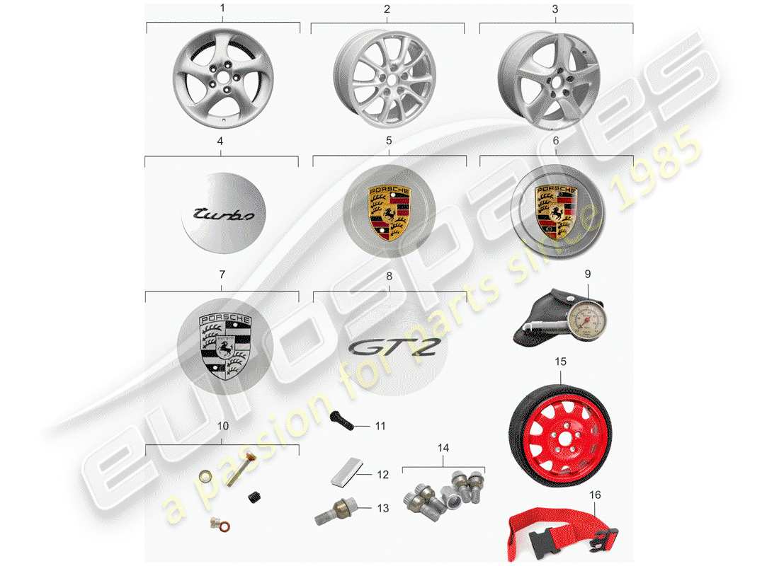 porsche 2002 (996 turbo / gt2) roues schéma des pièces